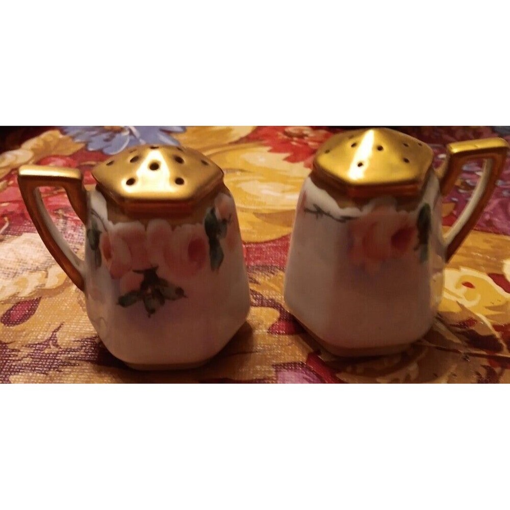 Vintage Hand Made Nippon Floral Gold Porcelain Salt And Pepper Shaker Set